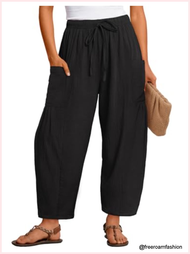 Women's Cotton Linen Wide Leg Palazzo Barrel Pants Drawstring Elastic Waist